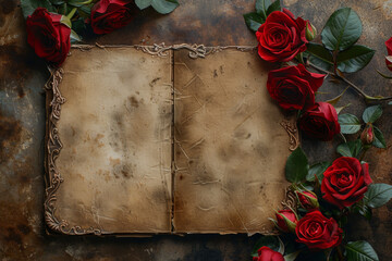 Old book open with blank aged pages surrounded by red roses on a rustic wood grain texture