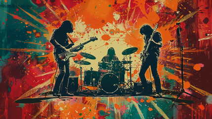 Silhouetted band performing on stage with vibrant abstract splatter art background in a retro poster style