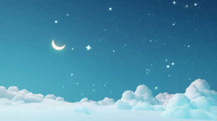 A tranquil night sky with a glowing crescent moon and twinkling stars above a serene snowy landscape.