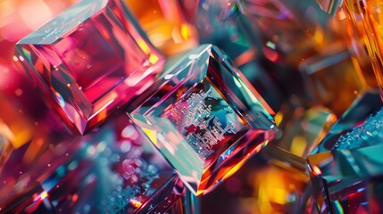 A macro shot of a colorful gemstone with a complex crystalline structure, resembling a blockchain cube on a microscopic level.