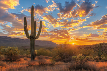 Saguaro cactus National Park at sunset, Sonoran desert, iconic Arizona and the American Southwest landscape