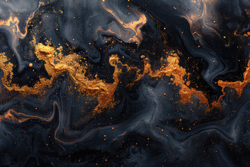 A dark, abstract background with swirling patterns of black and gold that resemble flowing water or smoke. Created with Ai