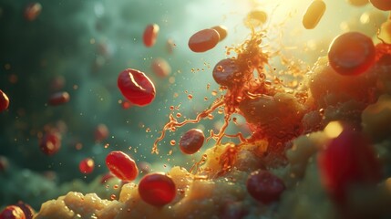 Close up healthy human red blood cells flowing concept. 3D abstract background