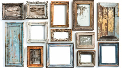 Assortment of empty vintage picture frames of various shapes and sizes on a white background