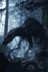 An eerie animation of a frightful chimera slinking through a haunted forest, its shadowy form shifting and morphing , professional color grading - obrazy, fototapety, plakaty