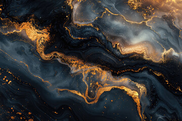 Black and gold marble background, dark blue and black, flowing watercolor texture. Created with Ai - obrazy, fototapety, plakaty
