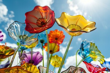glass flowers with petals against a blue sunny sky, summer vibes