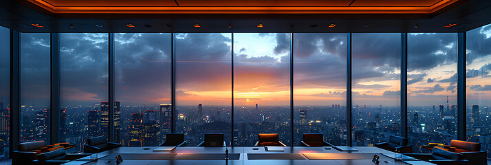 A Meeting Room with a View of the City,
Cityscape Elegance Sleek Conference Room with Skyline View
