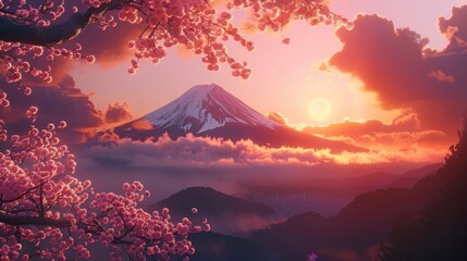 beautiful sunset of Mount Fuji in Japan with a sakura tree