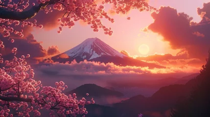 Fototapeten beautiful sunset of Mount Fuji in Japan with a sakura tree © Marco