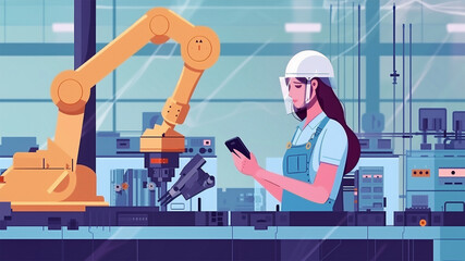 Worker woman wearing a security hemet working in a modern factory with a robotic arm and phone,controlling  automation in industry, human working with automated machines