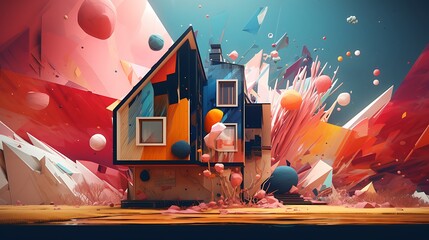 a surreal and abstract interpretation of a house being painted by AI, with colors and shapes that...