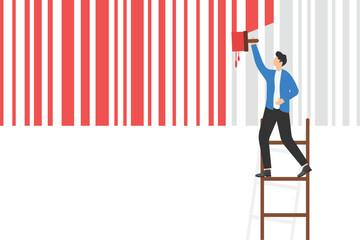 Businessman painting barcode, concept of rebranding as marketing strategy, change of brand identity corporate image, trademark, flat vector illustration

