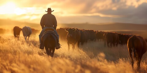 The image depicts a cowboy riding through a field, herding cattle during the golden, warm light of sunset - obrazy, fototapety, plakaty