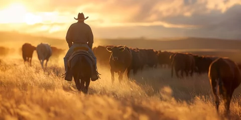 Fotobehang The image depicts a cowboy riding through a field, herding cattle during the golden, warm light of sunset © gunzexx