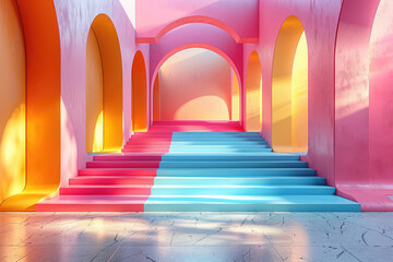Colorful stairs in a room. Created with Ai