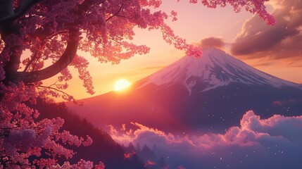 beautiful sunset of Mount Fuji in Japan with a pink sakura tree - obrazy, fototapety, plakaty
