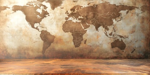 An aged, sepia-toned world map sits prominently on a textured wooden surface giving an antique touch - obrazy, fototapety, plakaty