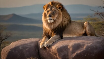 Adult male lion with a full mane lying on a rocky outcrop with a savanna and mountainous background - obrazy, fototapety, plakaty