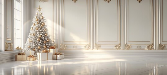 Chic christmas tree with gold ornaments and gifts on white background for festive holiday ambiance