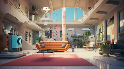 a house being painted in a retro-futuristic style, where AI artists draw inspiration from old sci-fi novels and movies - obrazy, fototapety, plakaty