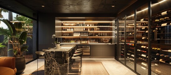 Wine cellar or bar area with Danish design elements for entertaining guests in the luxury house. 