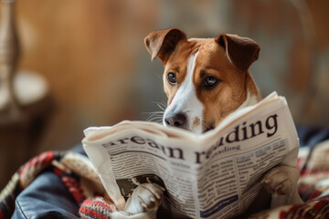 A dog is reading a newspaper. The dog is sitting on a blanket and is looking at the paper - obrazy, fototapety, plakaty