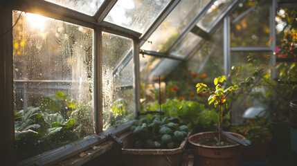 Greenhouses with growing vegetables and green bushes