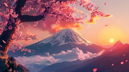 beautiful sunset of Mount Fuji in Japan with a pink sakura tree in high resolution and high quality - obrazy, fototapety, plakaty