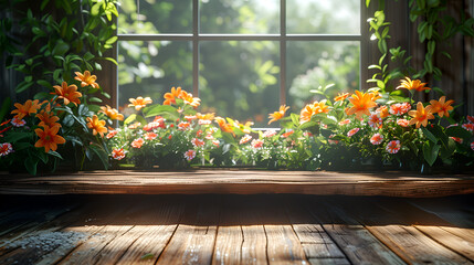 Wooden table and Flowers and plants