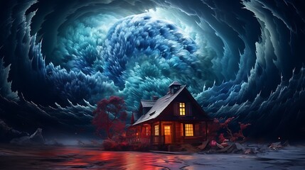 a house engulfed in a digital storm, with AI artists using dynamic and turbulent patterns to paint its exterior