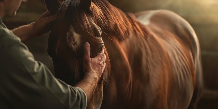 A heartwarming moment as a man lovingly strokes a gentle brown horse in the soft light of a barn