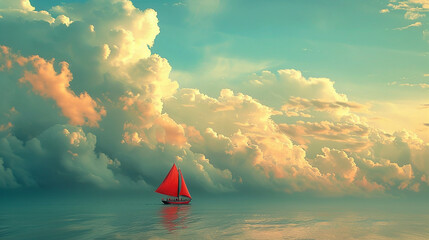 A sailboat is sailing in the ocean with a cloudy sky in the background