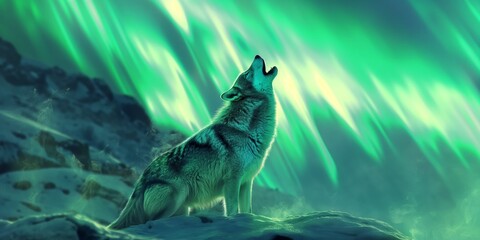 A stunning image capturing a lone wolf howling beneath the vibrant aurora borealis in a snowy landscape - obrazy, fototapety, plakaty