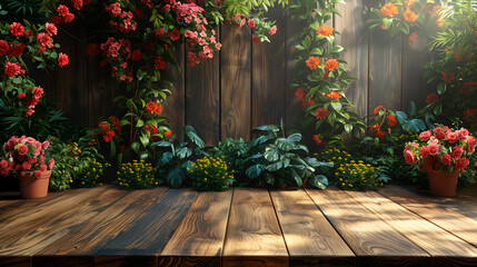 Wooden table and Flowers and plants