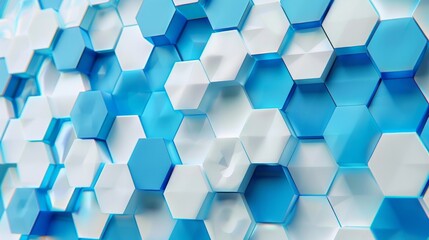 Fototapeta na wymiar A minimalist flat design composition featuring overlapping hexagons in various shades of blue, symbolizing a network of data and information flow.