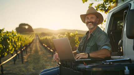 Portrait smiling vintner using laptop on truck in vineyard : Generative AI - Powered by Adobe