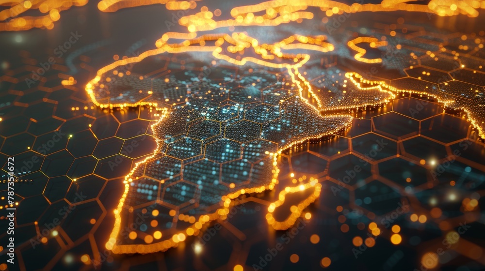 Poster a network of glowing hexagons forming a global map, highlighting the interconnectedness of the world