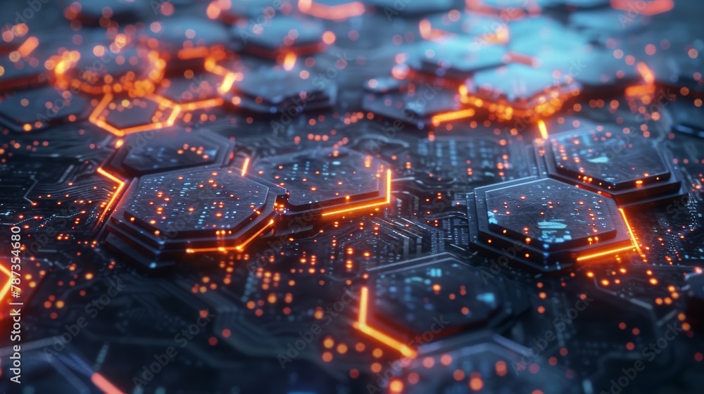 Poster a network of glowing hexagons forming a global map, highlighting the interconnectedness of the world