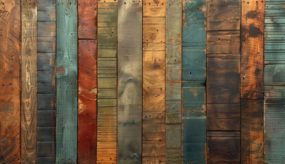 A vintage wooden background with distressed, multicolored wood planks, perfect for rustic designs and backgrounds. Created with Ai