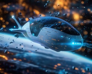 Design a futuristic space ship with sleek lines, hightech features, and a sense of exploration and wonder