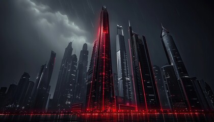 Imagine a futuristic cityscape dominated by towering skyscrapers powered by gas energy - obrazy, fototapety, plakaty