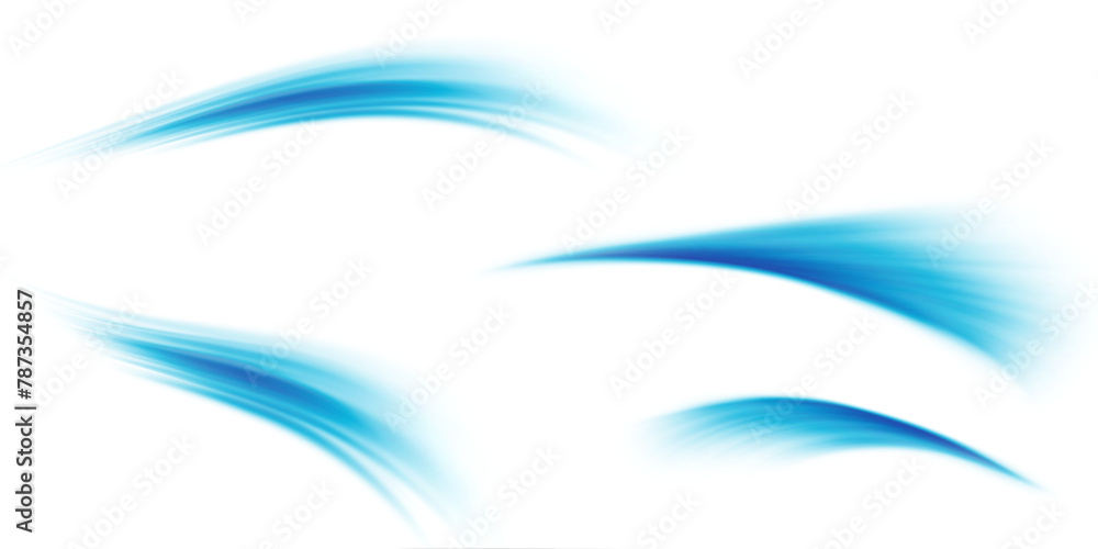 Poster Set of blue air flow wave effects. Design element to visualize the flow of air or water. Isolated on white background.