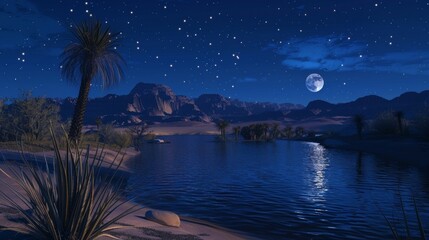 A surreal image of a peaceful desert oasis at night offering a refreshing and restorative sleep ast the quiet solitude of the desert. 2d flat cartoon.