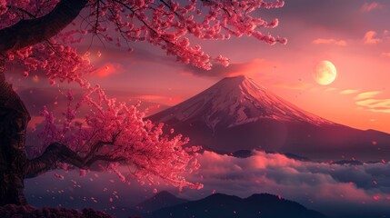 Beautiful sunset of Mount Fuji in Japan with a pink sakura tree in high resolution and high quality. concept landscapes, sunset, japan - obrazy, fototapety, plakaty
