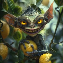 A mischievous imp with yellow eyes and a wicked grin, causing trouble in the lemon grove where the fairies dance at night , Prime Lenses - obrazy, fototapety, plakaty