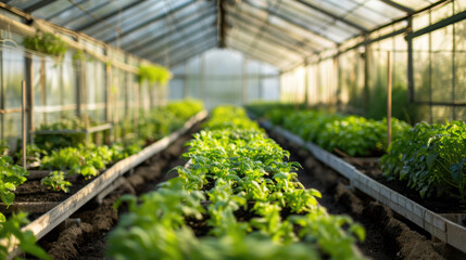 Greenhouses with growing vegetables and green bushes - obrazy, fototapety, plakaty