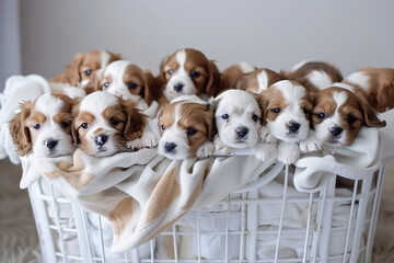 A basket full of puppies of different colors. The puppies are all looking at the camera. The basket is on a wooden floor