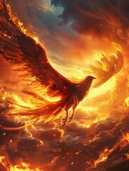 Capture the majestic essence of a mystical phoenix soaring elegantly against a backdrop of intense, fiery skies in a vivid CG wallpaper - obrazy, fototapety, plakaty