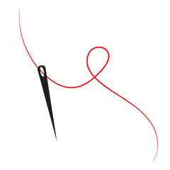 Sewing needle with a long red thread.Vector needle icon on a white background.Vector illustration